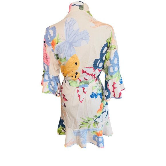 Floral Kimono Robe S/M Lightweight Polyester Multicolor Relaxed Coquette Sexy - Picture 2 of 8